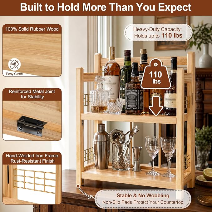 No-Assembly Coffee Bar Organizer, 2-Tier Coffee Station Shelf | Foldable Oak - Image 4