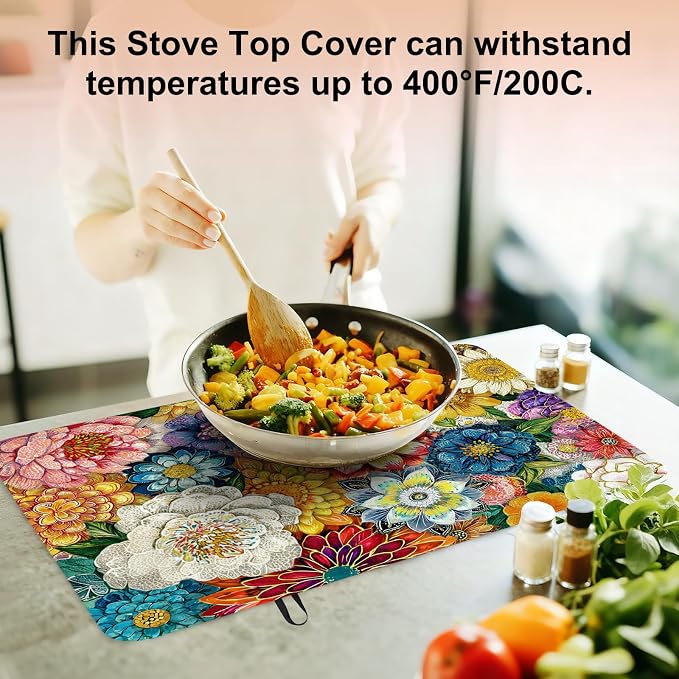 Boho Floral Stove Top Cover for Electric Stove, Colorful Flowers Rubber Stove - Image 5