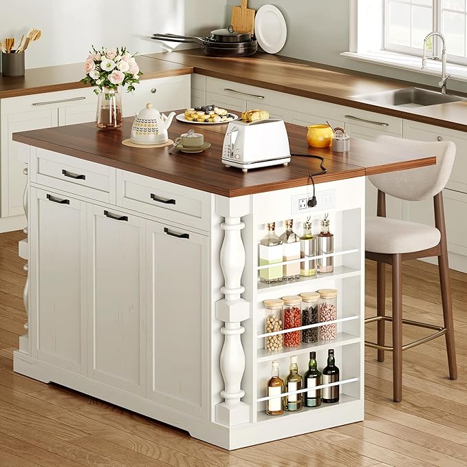 Kitchen Island with Power Outlet & Trash Cabinet, 47.6" Roman Style Rolling - Image 7