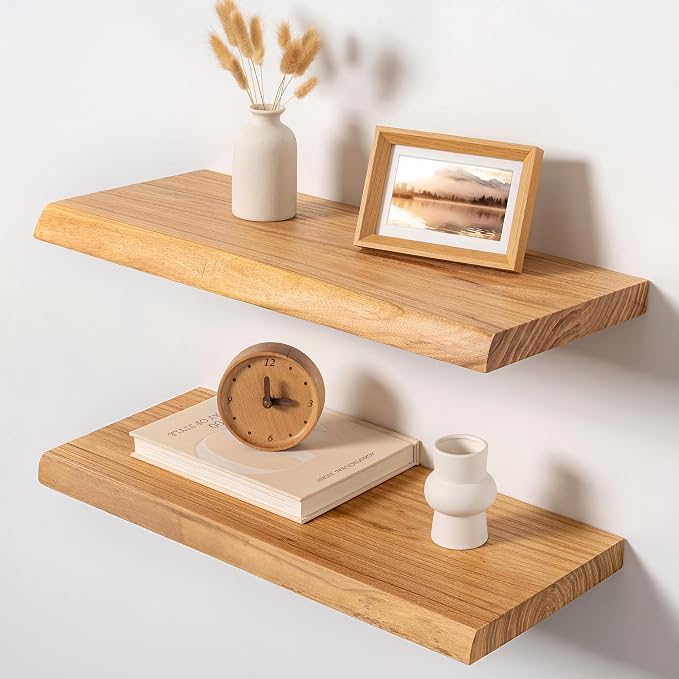 24" Live Edge Floating Shelves, 1.4" Extra Thick Solid Elm Wood Wall Shelf by Unknown