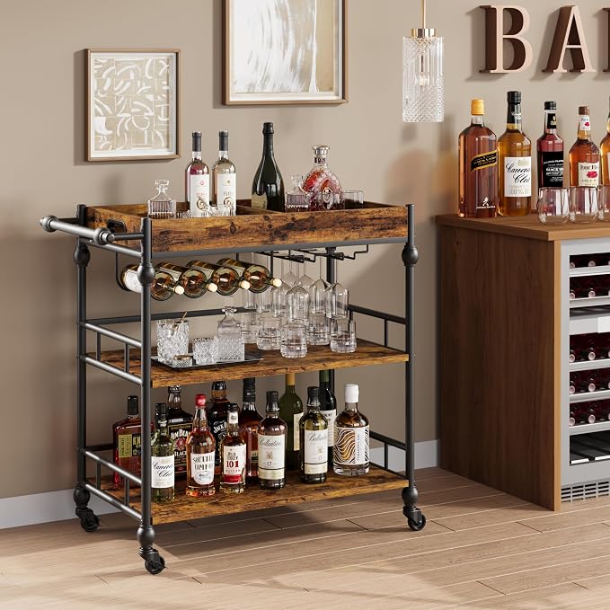 Garvee Bar Cart with Wheels, 3-Tier Rolling Serving Cart with Removable Tray by Garvee