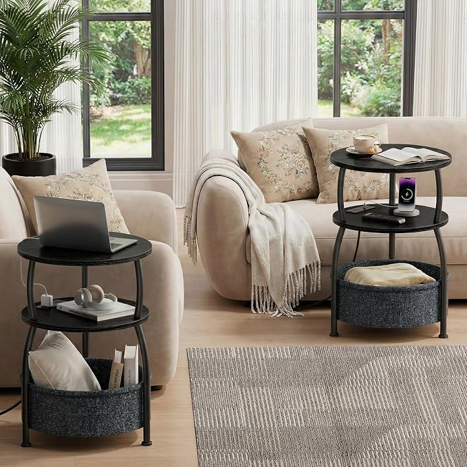 Round Side Table with Charging Station, USB Type C Port, Space Saving, Tall - Image 2