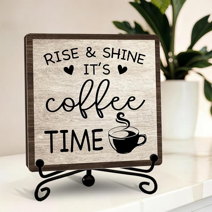 Farmhouse Coffee Bar Decor, Rise & Shine It's Coffee Time Wood Plaque by YQV