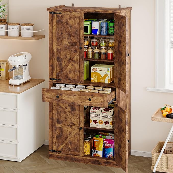 BORNOON Pantry Organizers and Storage Cabinet, 67.71” Barn Door White Kitchen - Image 8