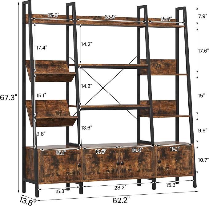 Ladder Bookshelves with 4 Doors, Triple Wide 4-Tier Large Open Bookshelf with - Image 3