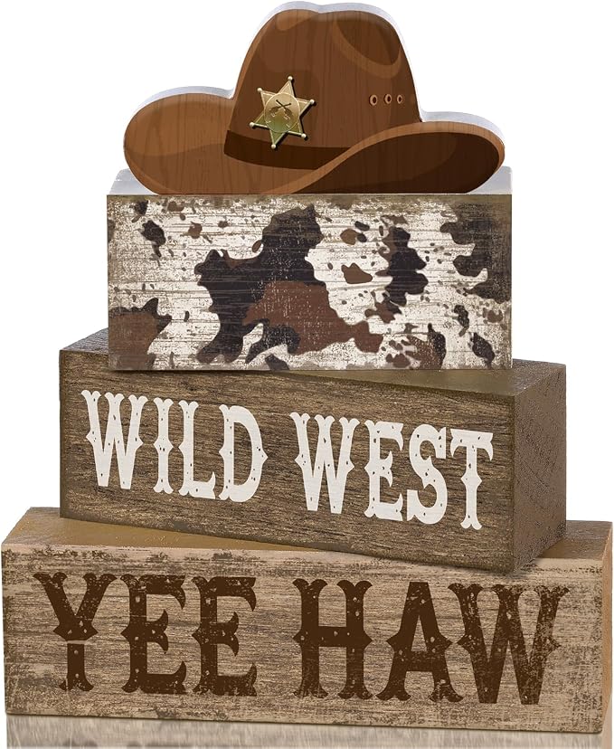 Yuntau 4 Pcs Western Tiered Tray Decorations Set Cowboy Hat Stack Block Signs by Yuntau