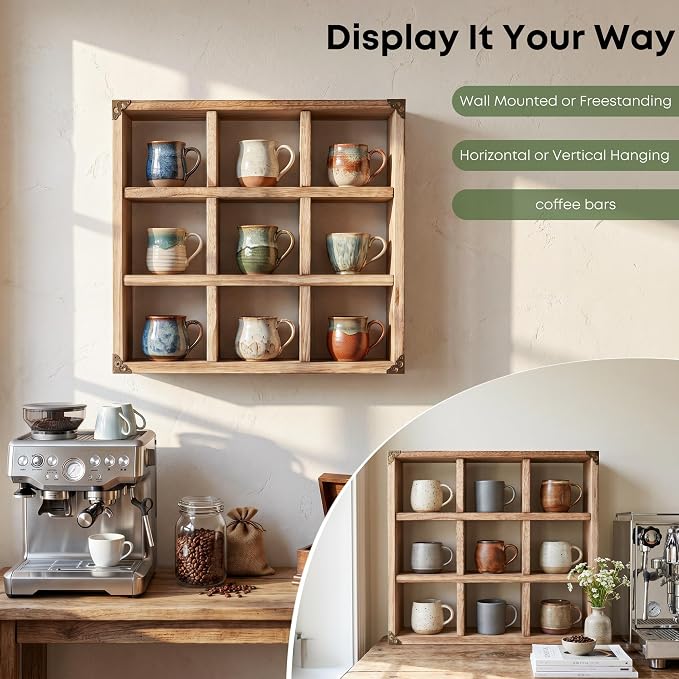 9 Slot Coffee Mug Display Rack - 17in Wall Mounted | Solid Wood - Image 4