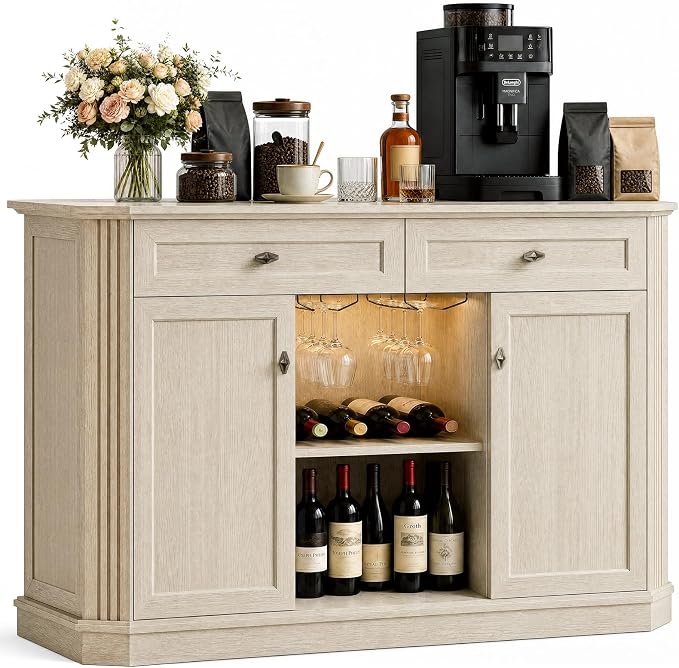White Coffee Bar with 2 Drawers & 2 Doors, LED Wine Bar Cabinet with Wine by Varello