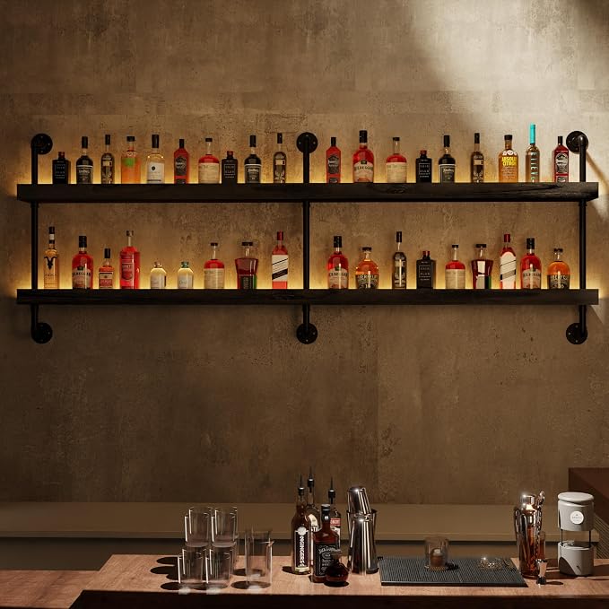 Wall Mounted Wine Rack with LED Light, LED Industrial Pipe Liquor Bar Shelves - Image 8