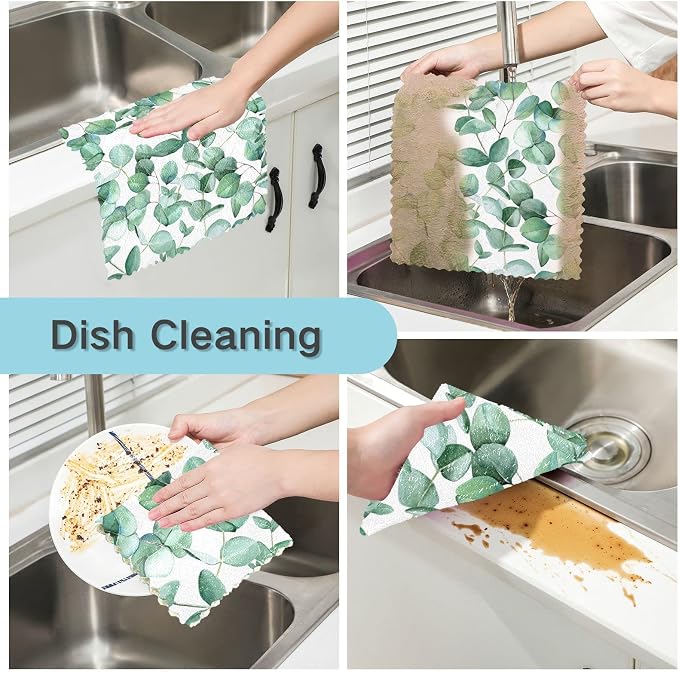 ALAZA Dish Towels Kitchen Cleaning Cloths Eucalyptus Leaves on A White - Image 2