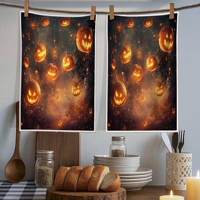 Pumpkin Kitchen Towels Set of 4, Halloween Festive Ghost String Light Halloween - Image 4