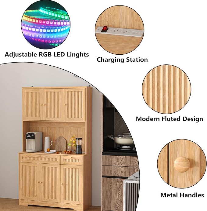 Pantry Storage Cabinet with Charging Station, Kitchen Storage with Adjustable - Image 9