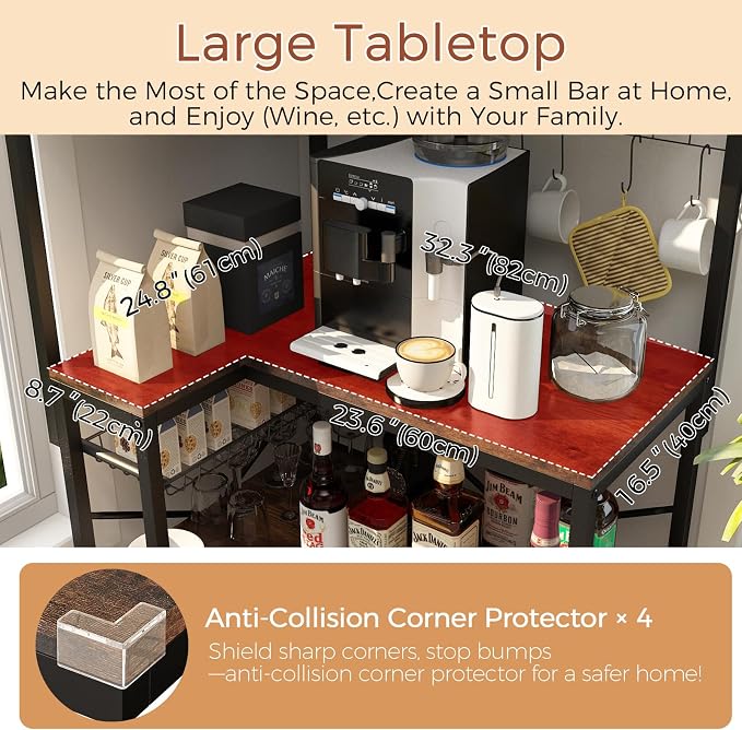 L-Shaped Bakers Rack with Power Outlet, 4-Tier Corner Microwave Stand with - Image 8