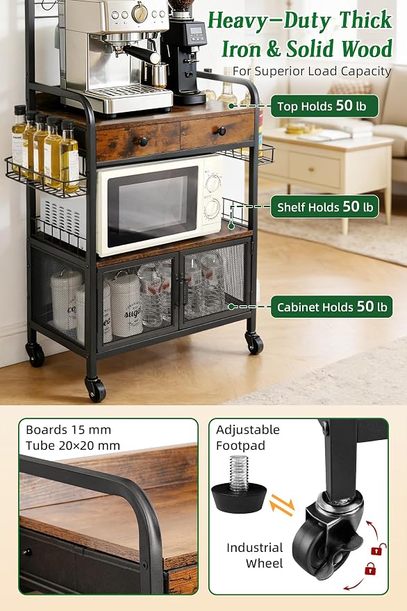 Rolling Coffee Bar Cart for Small Spaces, Coffee Station Cabinet - Image 8