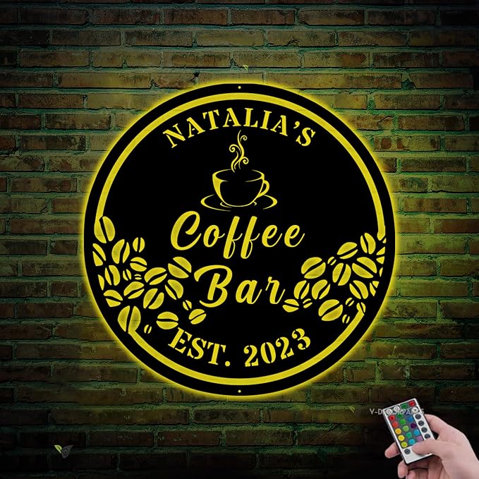 Coffee Bar Metal Wall Art LED Lights, Coffee Lover LED Custom Name Sign by HANZSPROUT