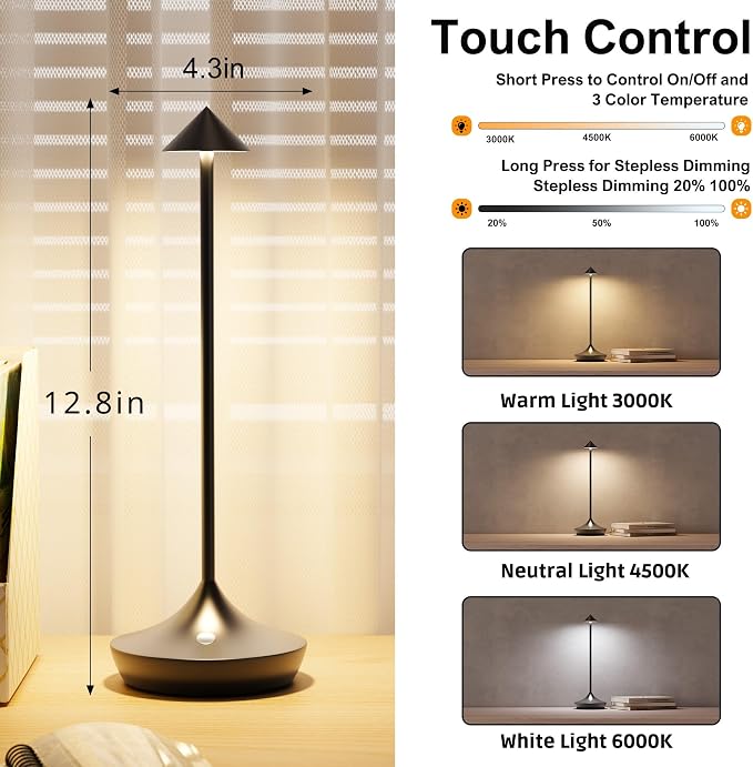 Cordless Rechargeable Table Lamp Set of 2, 3 Color Temperatures 9 Lighting Modes - Image 6