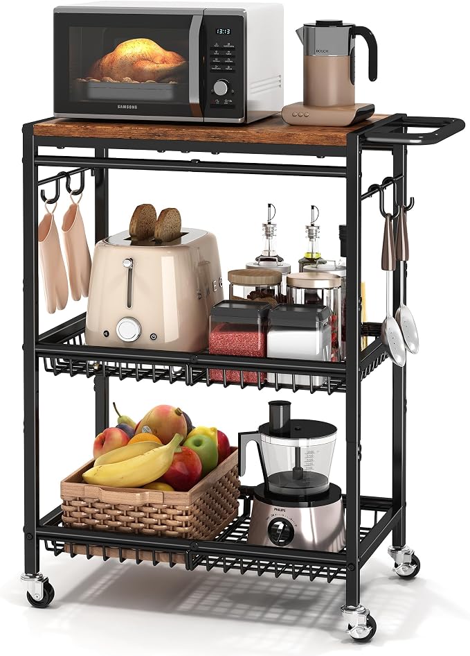 Microwave Kitchen Cart with Push Handle, 3 Tier Rolling Cart with 2 Lockable - Image 9