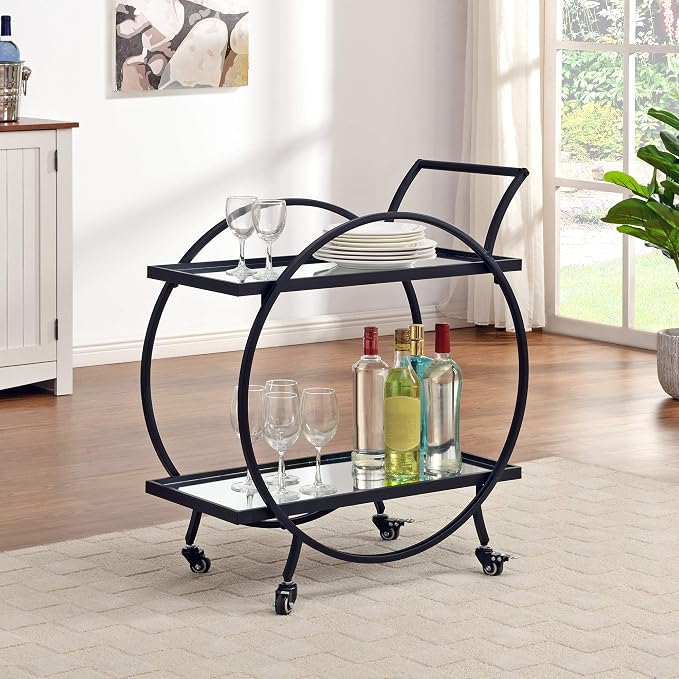 FirsTime & Co. Black Odessa Bar Cart, 2 Tier Mobile Mini Bar, Kitchen Serving by FirsTimeCo