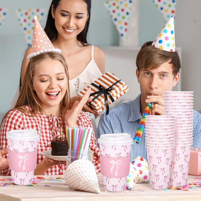 Whaline 50 Set Pink Bow Disposable Coffee Cups - Image 6