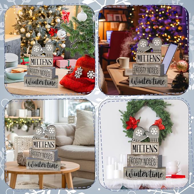 Lineshading 4 Pcs Winter Table Decorations Wooden Mittens Decor Winter Tiered - Image 5