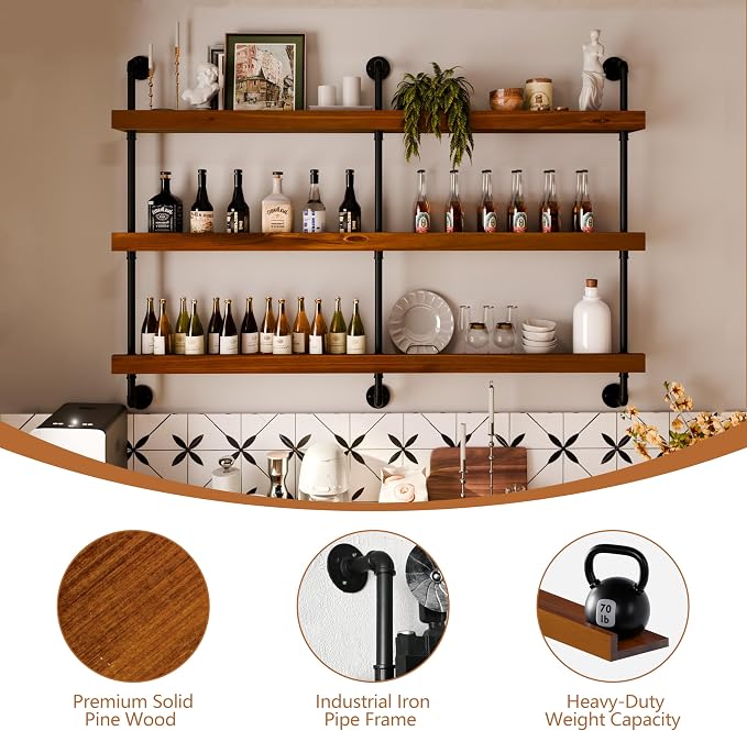 Industrial Wine Rack Wall Mounted, Solid Wood Shelf - Image 3