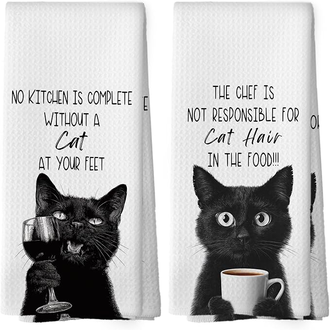 Funny Cat Kitchen Towels Set of 2, Cats Kitchen Accessories, Coffee Wine by Mcehtle