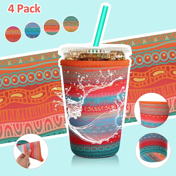Patelai 4 Pack Reusable Iced Coffee Insulator Sleeve, Neoprene Coffee Cup Holder - Image 4