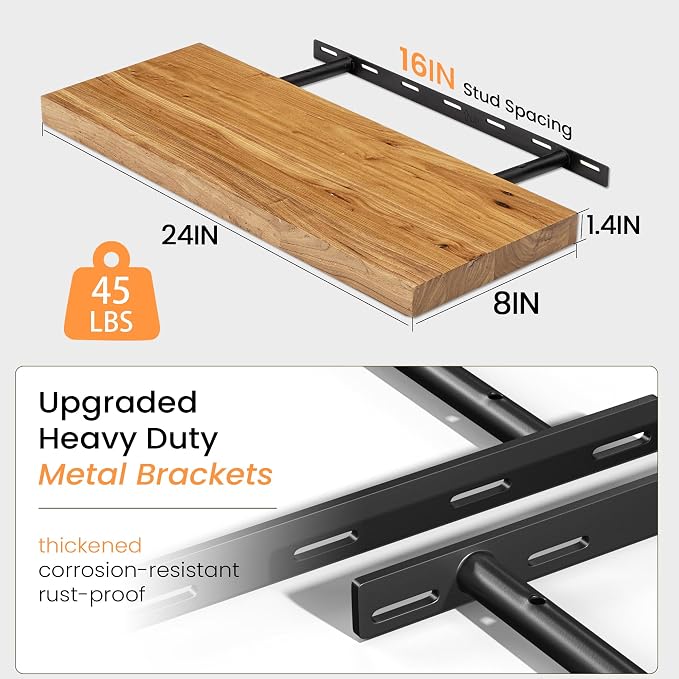 Fun Memories Floating Shelves for Wall Set of 2, Rustic Solid Elm Wood Wall - Image 3