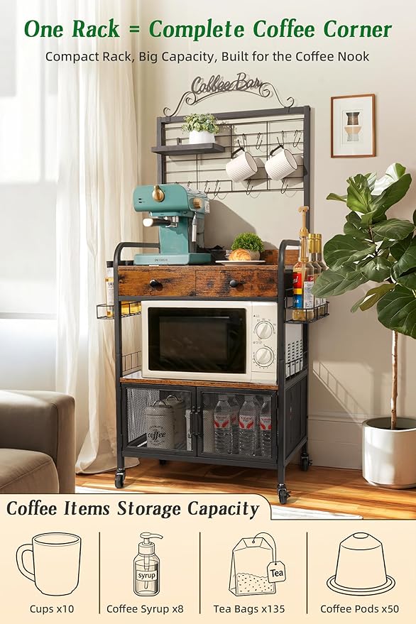 Rolling Coffee Bar Cart for Small Spaces, Coffee Station Cabinet - Image 2