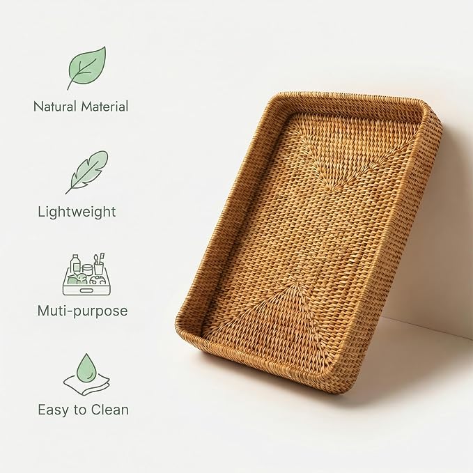 14.6" x 9.1" Large Wicker Storage Tray, Natural Rattan Basket Decorative - Image 6