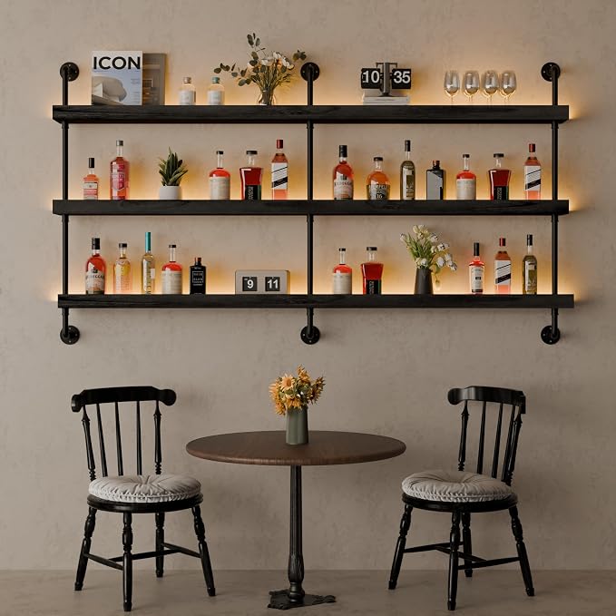 Wall Mounted Wine Rack with LED Light, LED Industrial Pipe Liquor Bar Shelves - Image 7