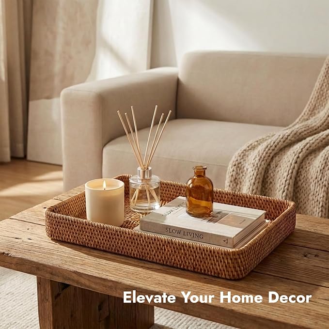 14.6" x 9.1" Large Wicker Storage Tray, Natural Rattan Basket Decorative - Image 4