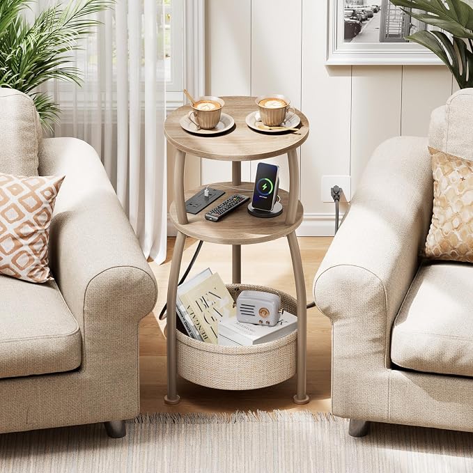 Side Table with Charging Station, Small Round End Table with Basket, USB and - Image 4