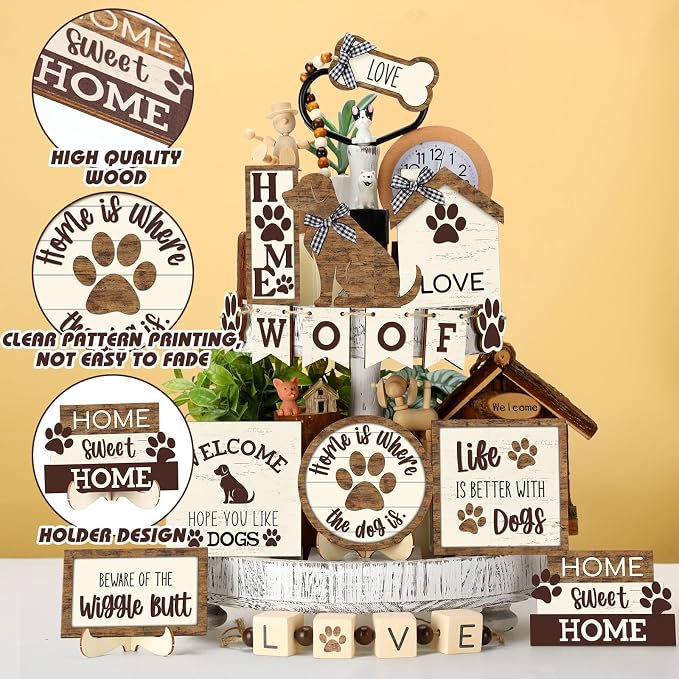 Mifoci 16 Pcs Dog Tiered Tray Decor Cute Dog Signs Home Decor Wooden Woof - Image 4