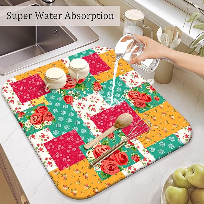 Boho Floral Dish Drying Mat for Kitchen Countertops, Farmhouse Flower - Image 5