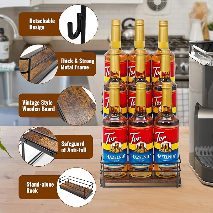 9 Bottle Coffee Syrup Organizer Rack, 3 Tier Coffee Syrup Bottle Stand Holder - Image 5