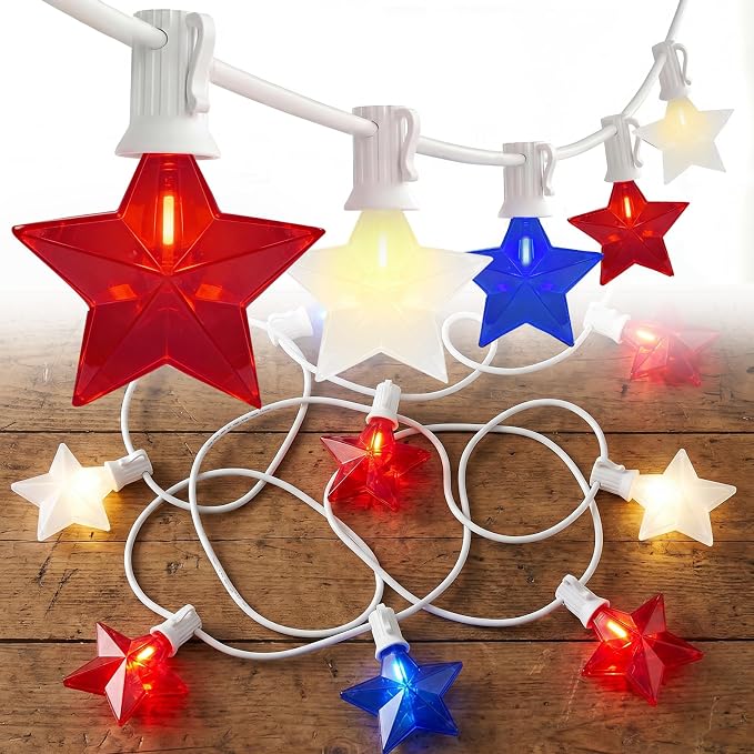10.5FT Red White and Blue Star String Lights, 10 LED Star Patriotic Lights by SUNSGNE