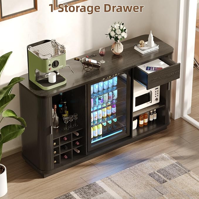 Coffee Bar Cabinet with Fridge Space, Liquor Wine Bar Cabinets with Wine Rack - Image 6