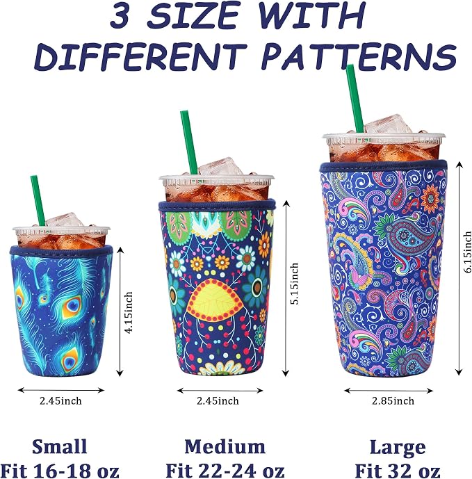 3Pcs Reusable Insulated Neoprene Iced Coffee Cold Soda Cup Sleeve | Blue - Image 3