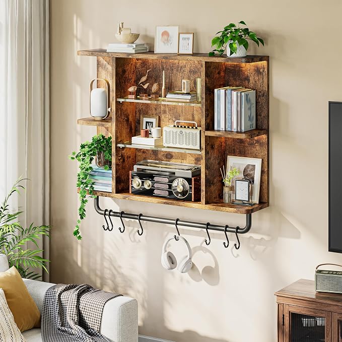 REIBII Floating Shelves with LED Lights, 7-Tier Wood Shelf, Wall Mounted - Image 4