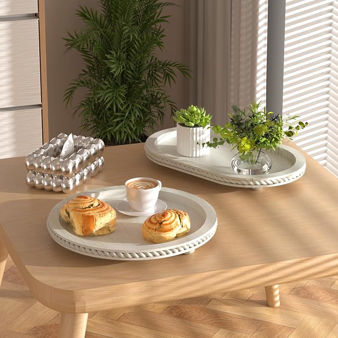 Urban Deco Wooden Tiered Tray, Oval and Round Tray Set of 2, Farmhouse Vintage - Image 2