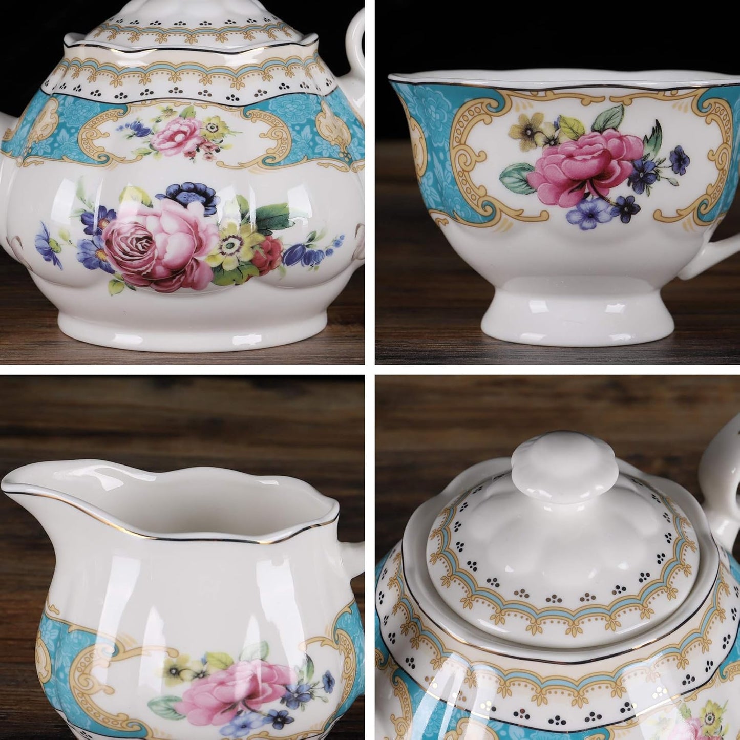 fanquare 15 Pieces European Retro Rose Tea Set,English Flora Tea Set for Adults,Porcelain Coffee Set