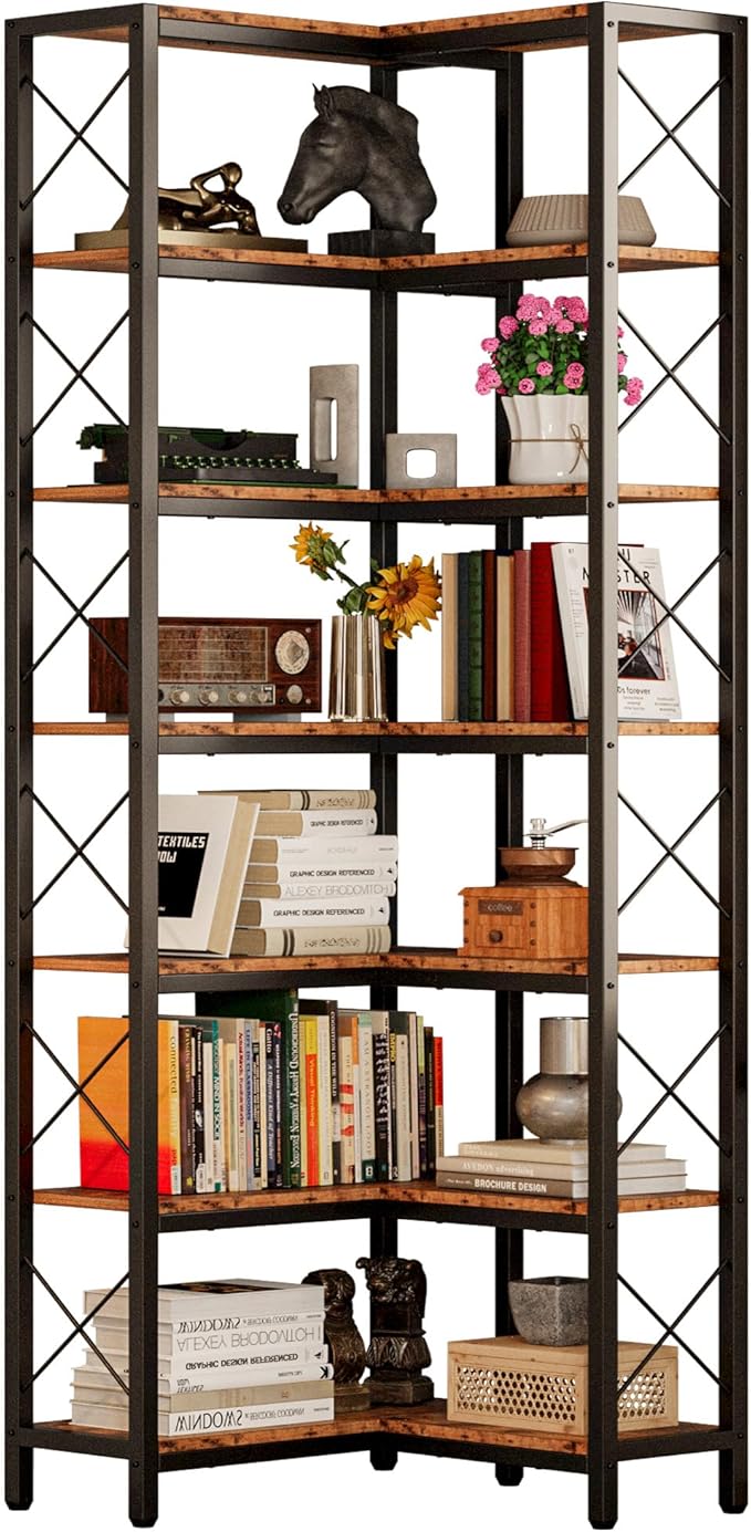 IRONCK Corner Bookshelf, 7-Tier Industrial Corner Bookcase, Tall Corner Shelf - Image 3