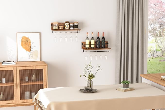 HOOBRO Wall Mounted Wine Rack 2 Pack, Hanging Wine Shelves, Wine Glass Bottle - Image 5