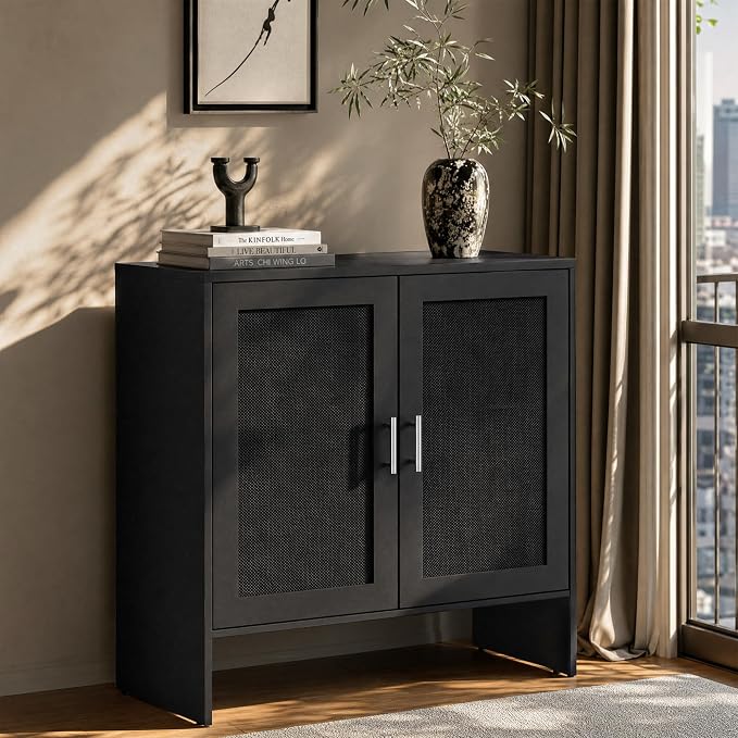 DHZ Buffet Cabinet with Storage, Farmhouse Sideboard with Black Rattan Doors & by Unknown