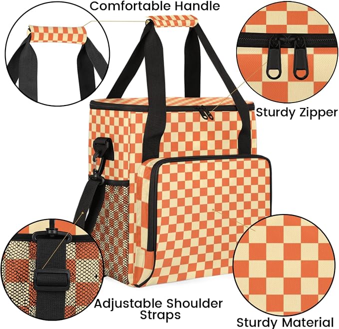 Checkerboard Orange Coffee Maker Carrying Bag, Waterproof Insulated Leakproof - Image 6