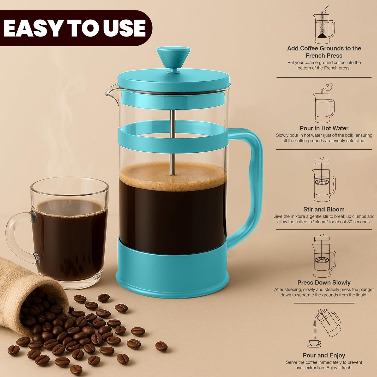 Utopia Kitchen French Press Espresso and Tea Maker with Triple Filters, Stainless Steel Plunger and Heat Resistant Borosilicate Glass (Aqua, 34-oz (Pack of 1))