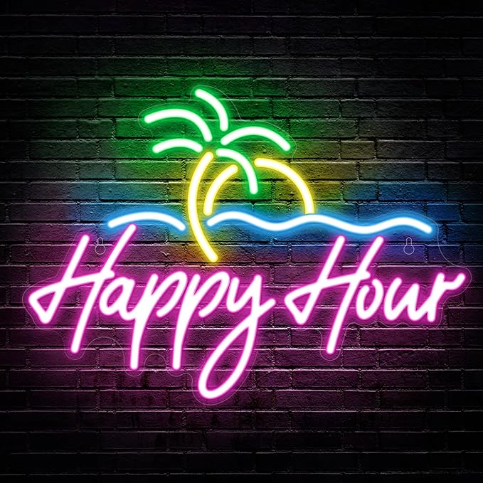 Kavaas Happy Hour Neon Sign 15.7" x 11.2", Palm Tree Neon Bar Signs by Kavaas