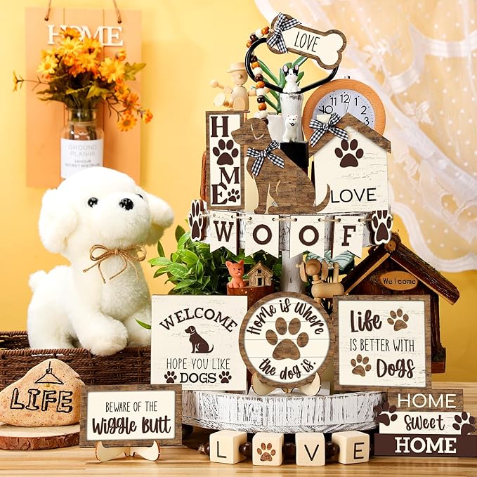 Mifoci 16 Pcs Dog Tiered Tray Decor Cute Dog Signs Home Decor Wooden Woof - Image 2