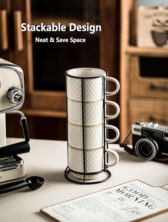 Gomakren Coffee Mugs Set of 4, 13 Ounce Stackable Coffee Mugs - Image 3